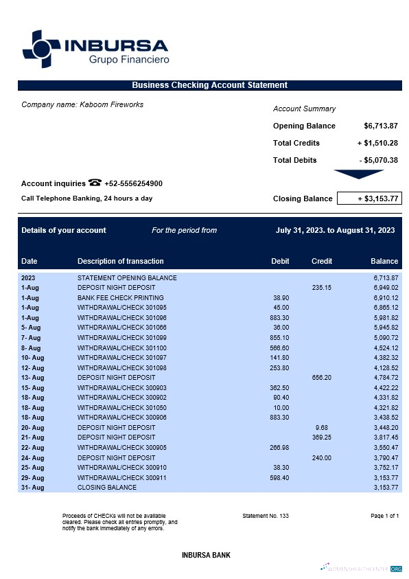 Download Inbursa Bank company checking account statement Word and PDF template Photoshop template